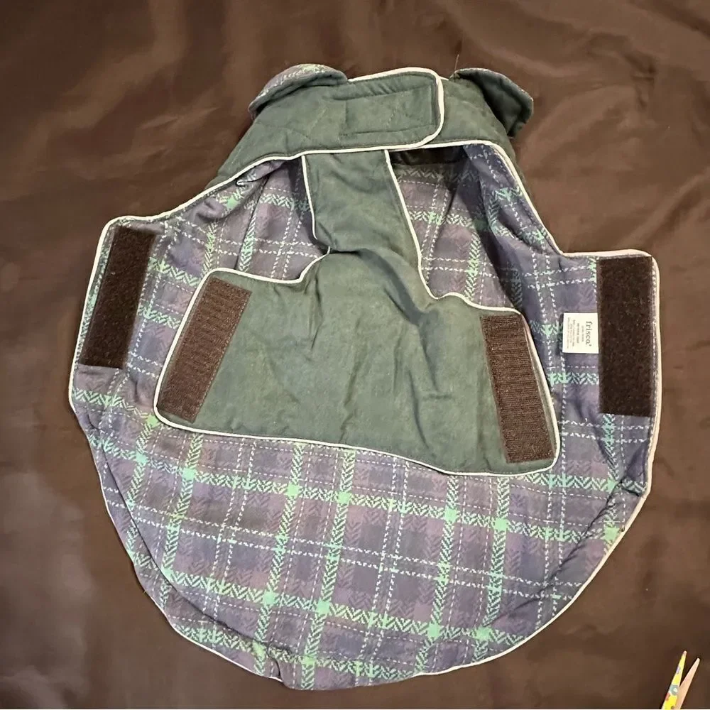 Fresco Green and Blue Plaid Reversible Quilted Dog Jacket size Medium .